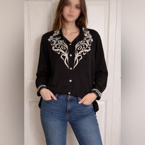 Bob Mackie Wearable Art Button Blouse 1X Black Embroidered Western Rodeo Chic